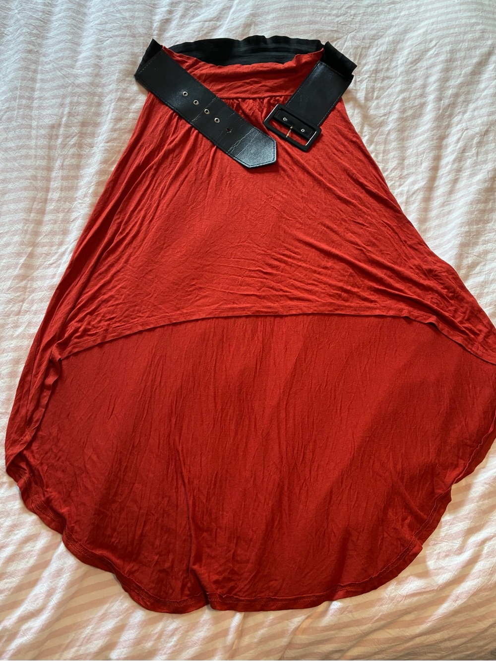 Fashion Magazine Red High-Low Skirt with Black Waist Detail